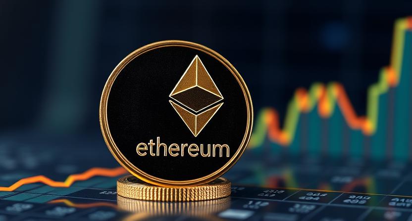 Ethereum coin rising above digital chart showing upward price trend