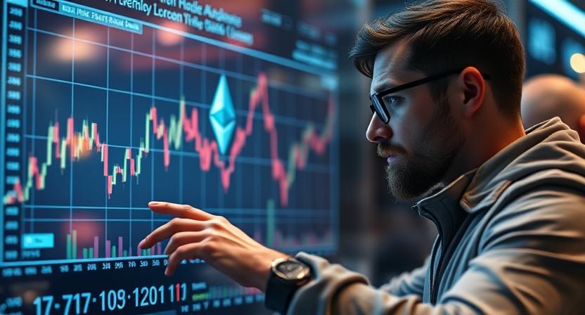 Investor analyzing Ethereum price chart on futuristic interface